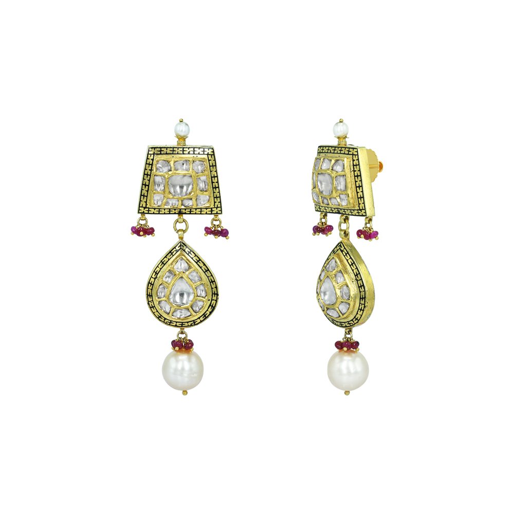 Geometric Polki Earrings with Ruby Beads, Partash work, and Pearls